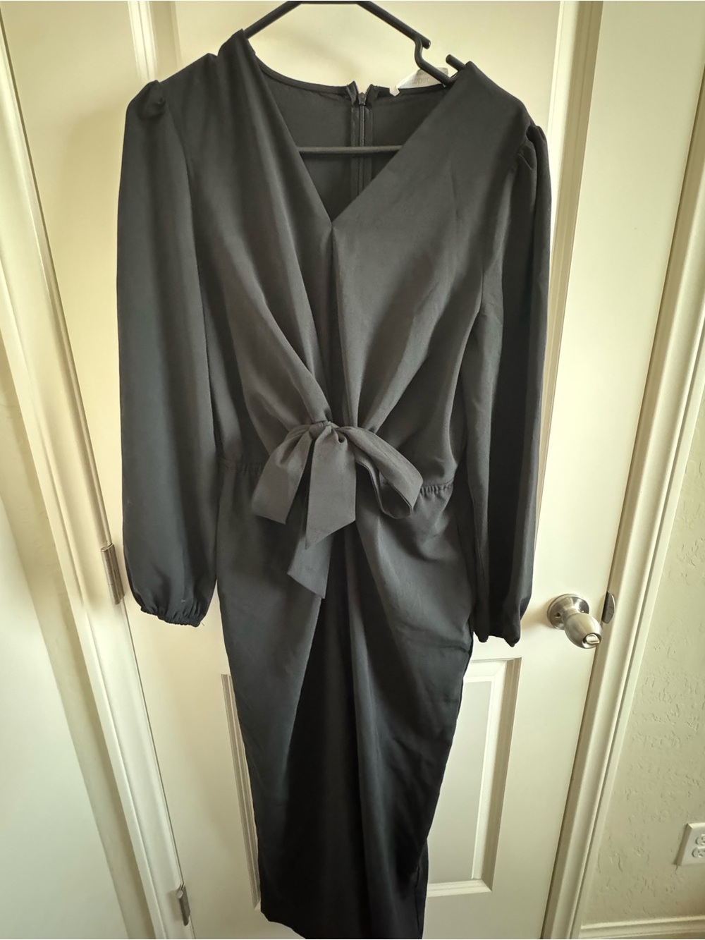 Black Long-Sleeve V-Neck Tie-Waist Jumpsuit